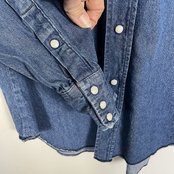 Vtg Wrangler 80s Pearl Snap Western Denim Shirt Men 17.5 X 34 X-Long Tails USA - Picture 10 of 13